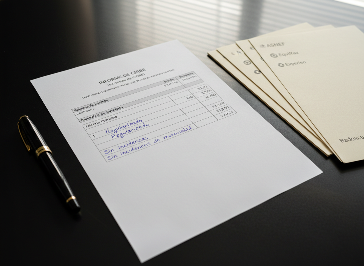 A close, detailed shot of a Spanish “Informe de CIRBE” report placed on a smooth matte-black desk surface, beside a neatly stacked pile of printed communications from ASNEF, Equifax, Experian, and Badexcug. The CIRBE report shows corrected balances and clear annotations like “Regularizado” and “Sin incidencias de morosidad,” highlighted in calm blue marker. A high-quality fountain pen rests parallel to the document margins, and a subtle reflection hints at a nearby window. Soft, natural daylight diffused through sheer blinds creates gentle gradients of light and shadow, emphasizing paper textures and ink details. Photographic realism, a slightly oblique top-down angle, and tight framing create a precise, serious, and reassuring legal atmosphere focused on successful debt registry clean-up.