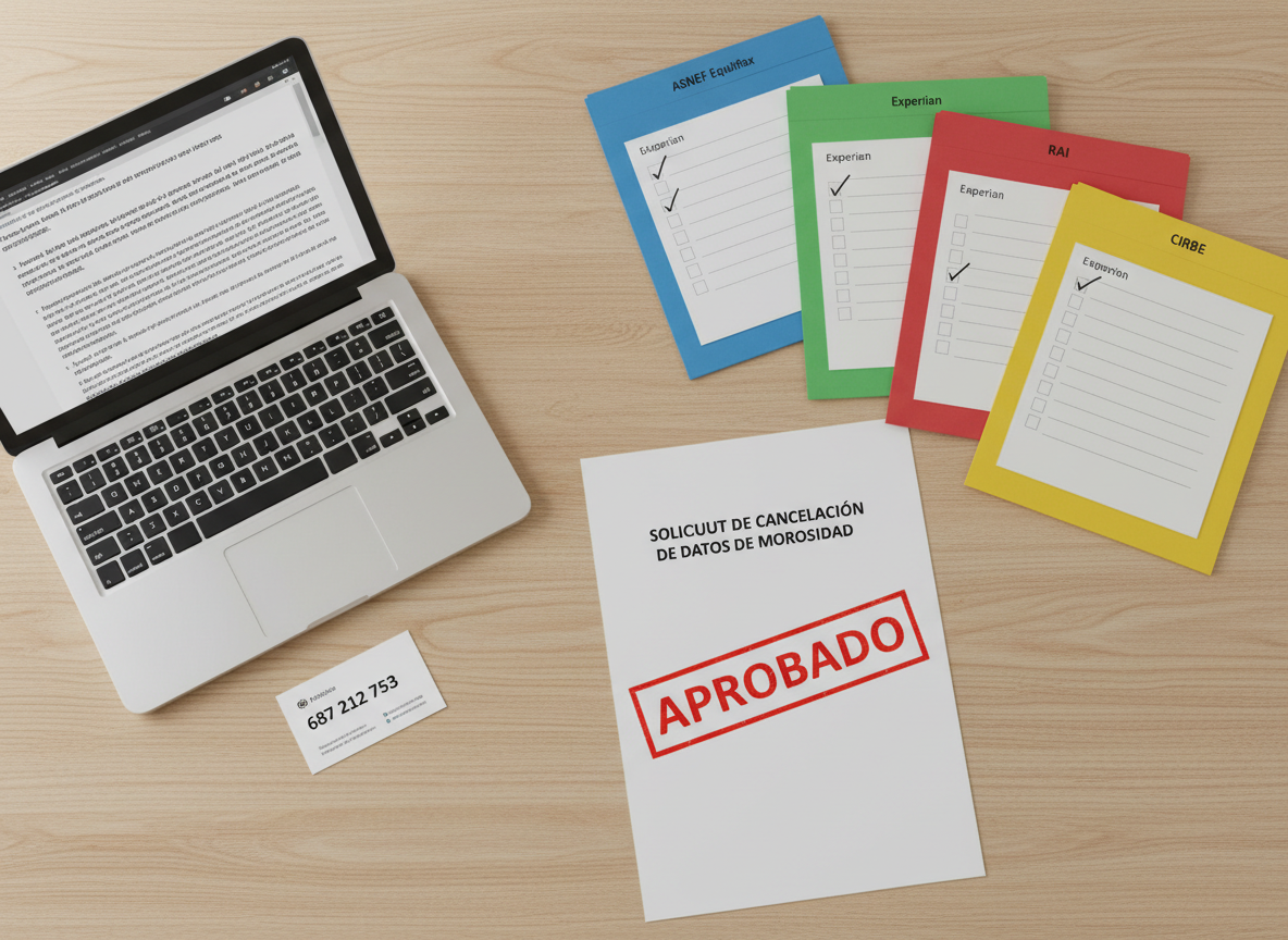 An overhead, photographic-realistic view of a meticulously organized legal workspace dedicated to cancelling ASNEF and other morosity files. On a light oak desk, color-coded folders are clearly labeled “ASNEF Equifax,” “Experian,” “RAI,” and “CIRBE,” each with a visible checklist where all boxes are ticked. A printed form titled “Solicitud de Cancelación de Datos de Morosidad” is centered, with stamped words “APROBADO” in bright red ink. A modern laptop shows a PDF viewer with Spanish legal text, and a small, discreet card shows contact details with a large phone number “687 212 753.” Soft, even office lighting and a tidy, minimalist composition create a reassuring, orderly, and highly professional mood.