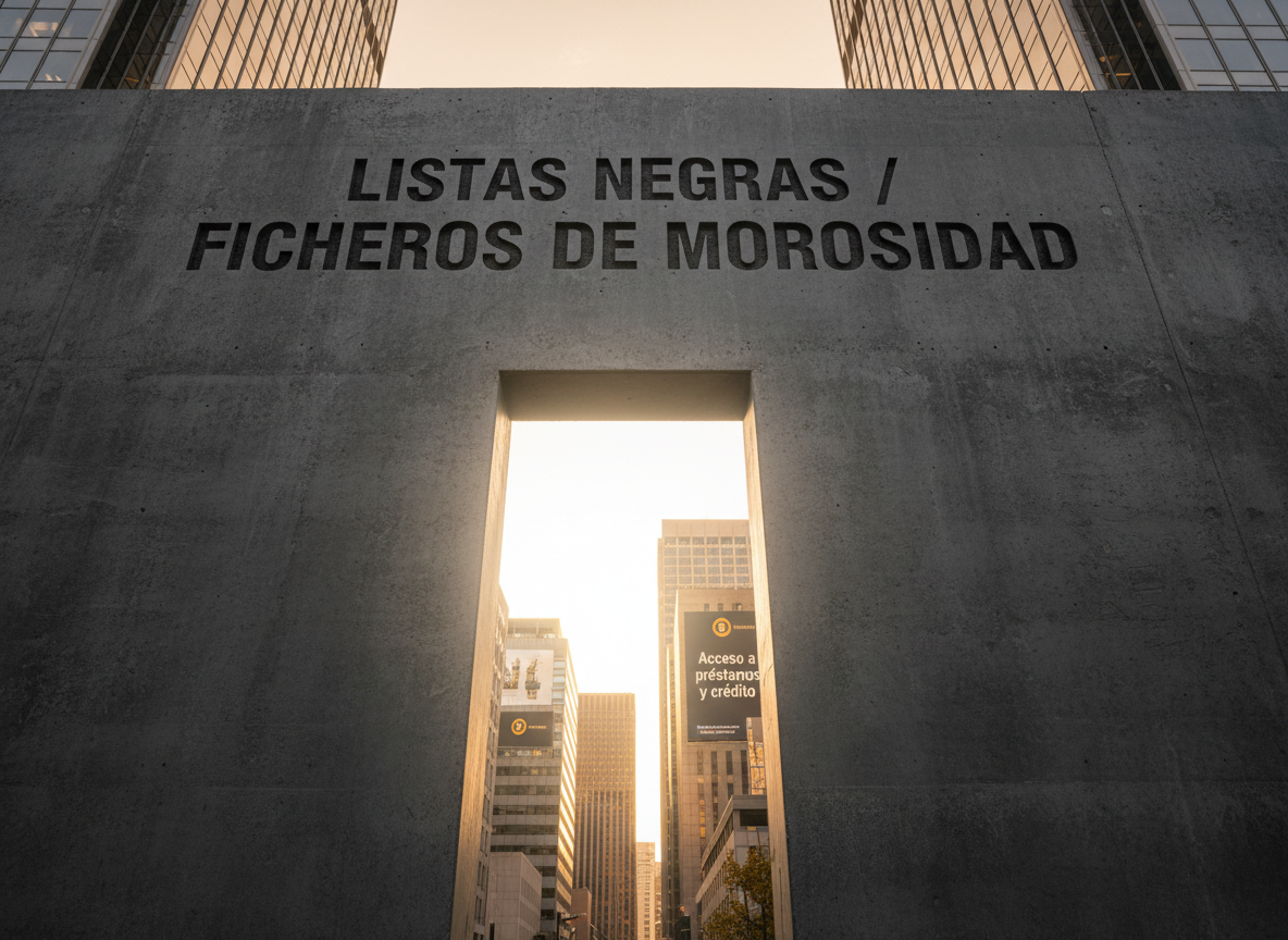 A dramatic, photographic-realistic image of a tall, dark-gray wall etched with the words “LISTAS NEGRAS / FICHEROS DE MOROSIDAD,” forming an imposing barrier in a stylized urban financial district of glass and steel buildings. In the center of the wall, a clean, rectangular opening glows with bright white light, symbolizing legal exit from ASNEF and other registers. Through the opening, clear signage reading “Acceso a préstamos y crédito” appears on distant, sharp modern bank facades. The scene is lit by a golden-hour sky that casts long, soft shadows and a warm glow on the buildings. Shot from a low-angle perspective to enhance the sense of overcoming an obstacle, with a clean, modern, high-contrast photographic style conveying hope and renewal.