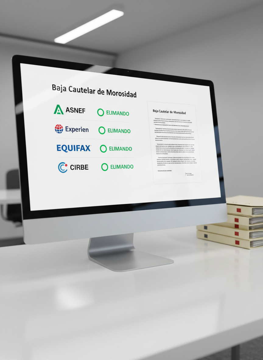 A close-up, photographic-realistic shot of a computer monitor displaying a clean, modern dashboard with multiple Spanish credit bureau logos such as ASNEF, Experian, EQUIFAX, and CIRBE arranged in a clear interface. Green status indicators and the word “ELIMINADO” appear beside each, while a digital document titled “Baja Cautelar de Morosidad” is open on-screen. The monitor sits on a minimalist white desk with a subtle reflection on its glossy surface, next to an organized stack of legal folders. Cool, neutral office lighting and a slightly elevated camera angle create a calm, precise, and professional mood, with sharp focus throughout and a crisp, corporate aesthetic that inspires confidence in the legal process.